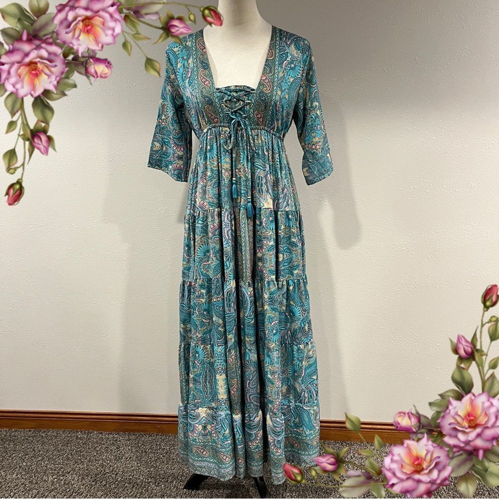 Boemo AnthropologieβTurquoise Paisley Bohemian Peasant Maxi Boho Dress sβ medium